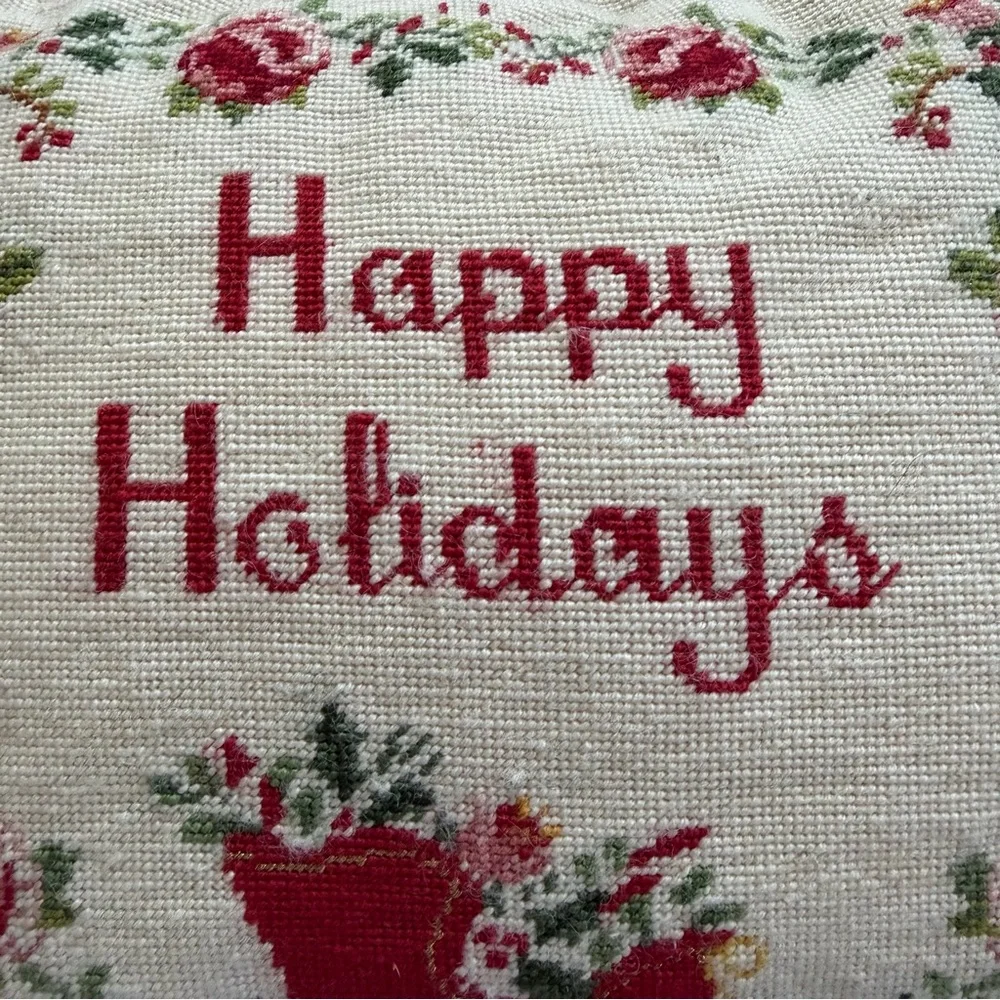 Vintage Needlepoint Pillow “Happy Holidays” Christmas Floral Red Velvet 13” x 12